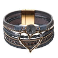 Leather Wrap Bracelet for Women, Boho Cuff Bracelet with Strong Clasp, Multi-Layer Crystal Leather Bracelet for Valentine Mother's Day - color: 01-Heart-Grey