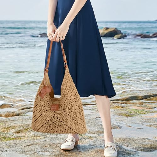Crochet Beach Tote Bag for Women 2026 Woven Shoulder Bag Summer Handmade Boho Purse Crochet Handbags - color: Khaki