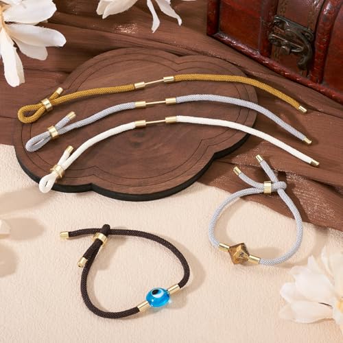 FASHEWELRY 4 Pcs Braided Nylon Cord Bracelet Black Brown White Adjustable Cord Bracelets Woven Friendship Rope Boho Bracelet with Golden End Connector for DIY Jewelry Making (9.45 inch)