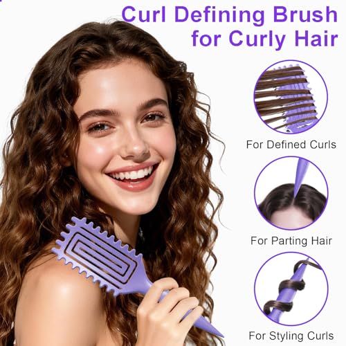 Curly Hair Brush, Curl Defining Brush with Soft Boar Bristles Detangling Tangled Glides, Wide-Teeth Design Effortlessly Shaping & Defining Curls, Curling Definer for Wet & Dry Hair (Purple) - color: Purple