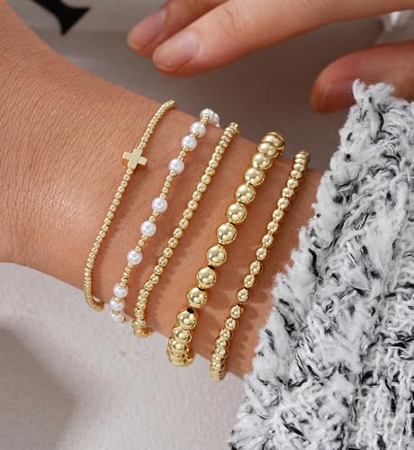 Gold Beaded Bracelets for Women, 14K Real Gold Plated Jewelry for Women Dainty Pearl Bead Bracelets Stack, Non Tarnish Trendy Stackable Ball Cross Stretch Bracelet Set Fashion Accessories Gifts - color: Gold cross bead