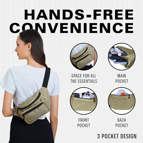 Olive Green Fanny Pack Belt bag - Crossbody Waist Bag for Men or Women - Hands-Free, Waterproof Large Bumbag for Hiking, Running, and Travel - color: Olive Green