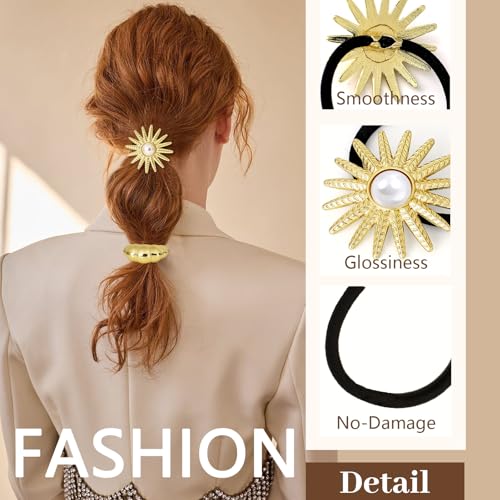 3PCS Gold Hair Ties, Metal Hair Ties for Thick Hair, Gold Ponytail Cuff Elegant Durable Geometric Design, Hair Accessories for Women, Stretchy & Non Damage Ponytail Holders with Pendant Holiday Gifts - color: Gold Set 08