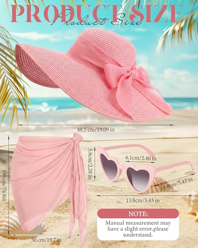 3 Pcs Summer Beach Set for Women Wide Brim Straw Sun Hat, Swimsuit Coverup Sarong, Heart Sunglasses - color: Pink