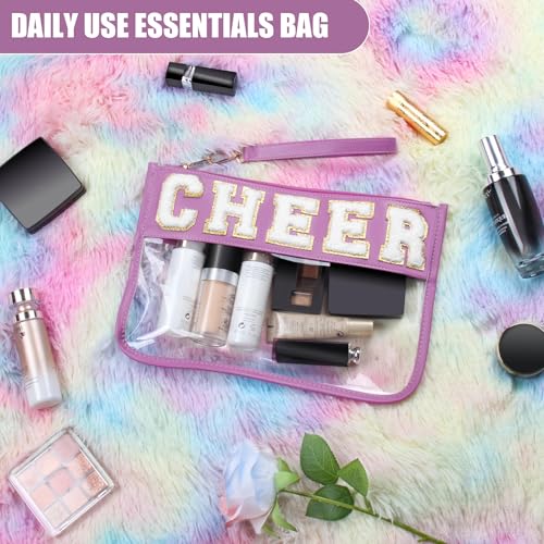 BuyCard Cheer Chenille Letter Bags Clear Makeup Bag, Cheerleader Gift Cosmetic Bag, Varsity Preppy Patch Flat Pouch Cheer Accessories, Waterproof PVC Organizer Toiletry Bag for Women Girls Purple - color: Purple-Cheer
