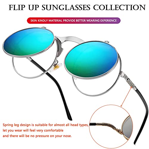 AIEYEZO Round Flip Up Sunglasses for Men and Women Rave Flip Glasses 90's Retro Steampunk Style - color: Silver/Green Mirror