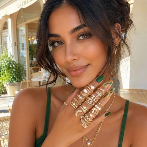 Gold Stackable Rings Set Moon Star Design Adjustable Rings for Everyday Wear Mid FingerPinky Ring Trendy Jewelry Gifts - color: L