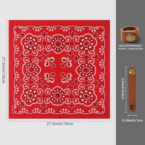 27.5 Inches Western Bandana Scarf With Leather Scarf Buckle, 100% Cotton Neck Scarf for Men Cowboy Scarves - color: Red