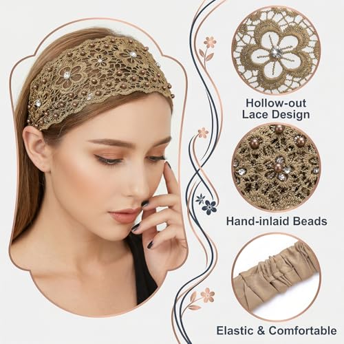 Chedin 3pcs Boho-Chic Wide Elastic Lace Headbands for Women - Crystal, Pearl & Floral Beaded, Fit Daily Wear/Weddings/Holidays