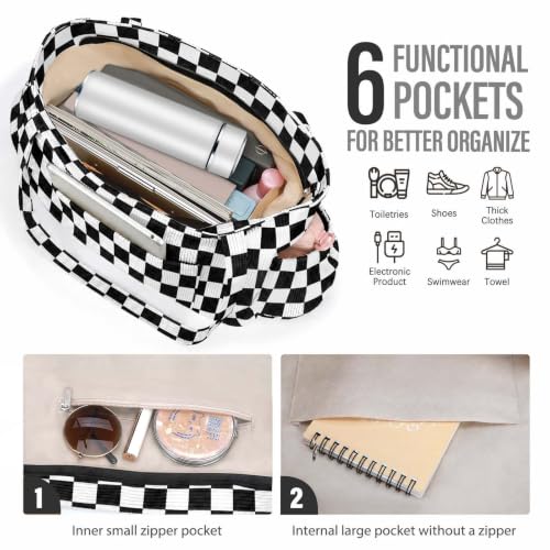 Corduroy Tote Bag for Women,Large Capacity Cute Tote Bags With 6 Pockets,Crossbody Shoulder Handbag for Work Travel Gym - color: Black White Checkered