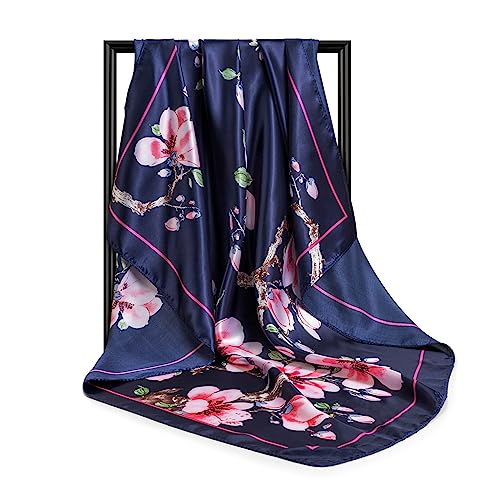 DRESHOW 35” Large Square Satin Head Scarf - 4Pcs Silk Accessories Classic Patterned Squares Beach Bandanas for Women - color: 4 Pcs: Turquoise, Pink , Purple Black, Beige