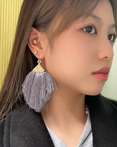 Earrings for Women Colorful Layered Leaf Earrings Bohemian Dangle Drop Tassel Silver Earrings Women Gifts - style: Gray