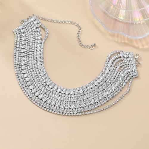Rhinestone Bling Multi-layered Faux Diamond Choker Necklace for Women Unisex,Sparkly Iced Out Tennis Shiny Collar Neclace Prom Party Formal Dressy Necklace Statement Crystal Jewelry - color: silver