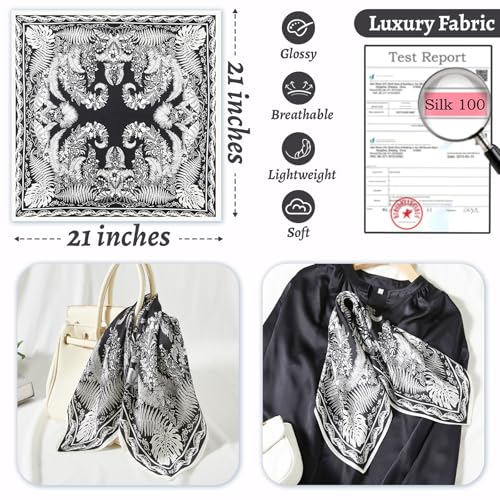 100% Mulberry Silk Neck Scarf 21''x21'' Small Square Hair Scarf for Women Men Lightweight Bandana Envelope Package - color: Grass- Black