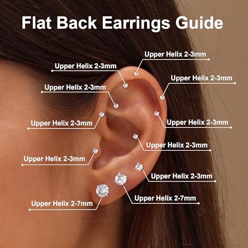 Flat Back Stud Earrings for Women - Hypoallergenic Surgical Steel Earrings with CZ Stones - 6 Pairs (18-20G) - color: Silver, size: 18 G