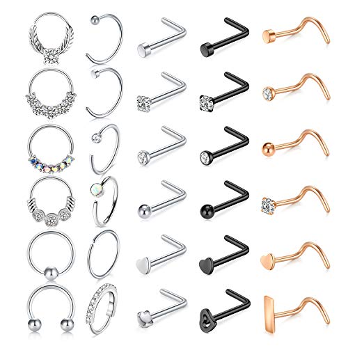 Mayhoop 20g Nose Rings Hoops And Studs For Women Men - Hypoallergenic 316L Surgical Stainless Steel L Shape Nose Screw Bone Silver Rose Gold Black Rainbow Pack 28Pcs - color: Style A(Silver+Rose gold+Black)