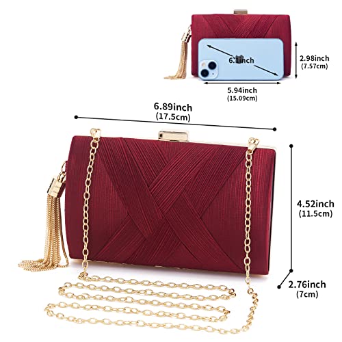 Women Clutch Bag Evening bag Fringed Evening Handbag,Lady Party Wedding Clutch Purse Chain Shoulder Cross Body Bag - color: Wine Red