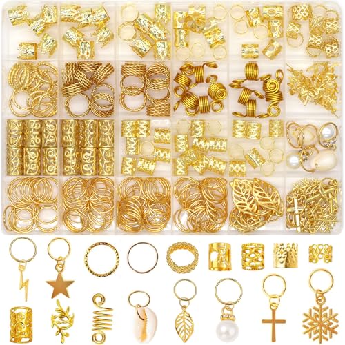 260pcs Gold Hair Jewelry for Women Braids Dreadlock Locs,17 Styles Metal Hair Accessories Adjustable Hair Charms Cuffs Coils Beads Rings Braiding Decoration - color: Gold-260pcs