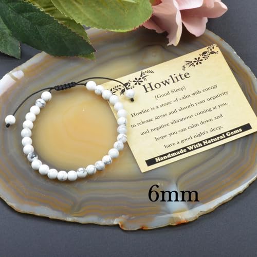 468Handmade Adjustable Natural Gemstone Crystal Bracelet Healing Power Energy Inspirational Gifts with Card for Unisex - color: 02-Howlite(Good Sleep), size: 6mm