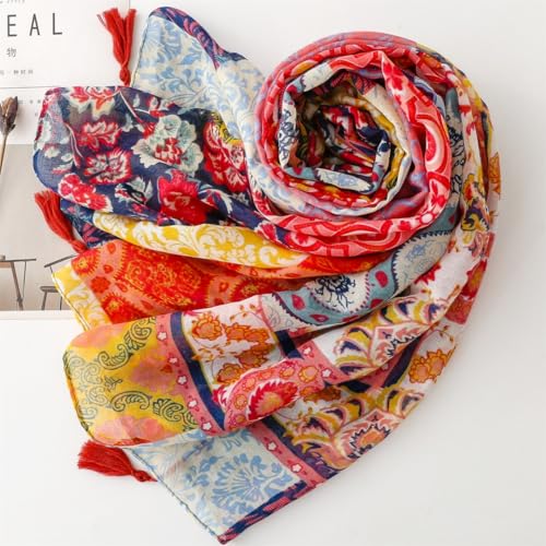 WaJuemy Travel Boho Scarf for Women Casual Lightweight Pashmina Scarves Fashion Multicolor Shawl Wraps with Fringed Beads - color: 01a Classic Boho