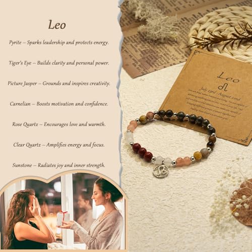 Zodiac Natural Stone Bracelet – Handmade Crystal Healing Bracelet with Zodiac Charm – Adjustable Beaded Jewelry Gift for Women Men Girls - color: Leo