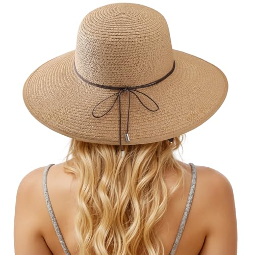 Sun Hats for Women, Straw Hats UPF 50+ Sun Protection, Wide Brim Womens Beach Hat for Summer Travel - color: Khaki