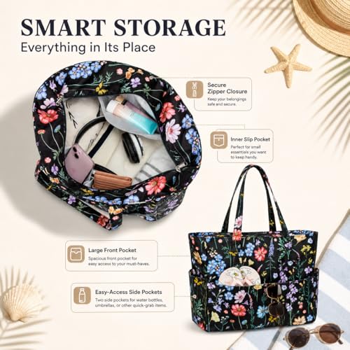 Bluboon Waterproof Beach Tote Pool Bags for Women Ladies Extra Large Carry On Bag With Wet Compartment for Weekender Travel - color: Black Butterfly-floral
