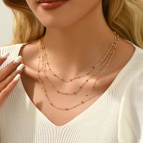 NONAMOIS Gold Chain Necklace for Women Dainty 18K Gold Plated Thin Satellite Beaded Turquoise Necklace Simple Layered Boho Jewelry Christmas Gifts - color: 3Layered Colorful Beads-Gold