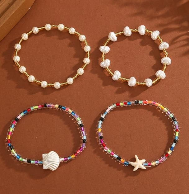 XAM 4pcs Bohemian Beach Charm Bracelet Set - Starfish & Shell Summer Jewelry for Vacation - color: A