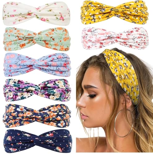Huachi Boho Headbands for Women Floral Print: Summer Twist Headband for Beach, Elastic Women's Fashion Head Bands - color: Sea of Flower