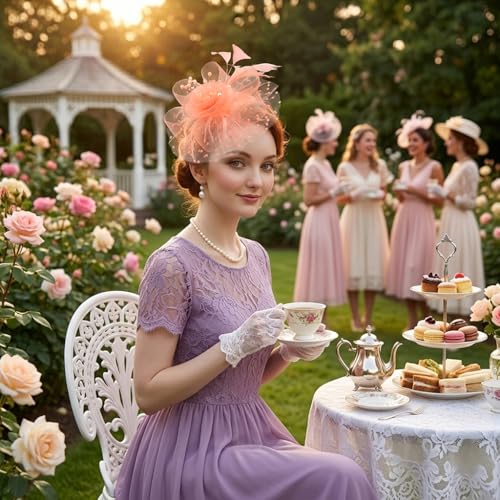 DRESHOW Fascinators Hat Flower Mesh Ribbons Feathers on a Headband and a Clip Tea Party Headwear for Girls and Women - color: 7" Diameter / Champagne