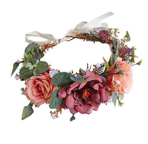 Vivivalue Boho Flower Crown Rose Floral Headband Hair Wreath Flower Headpiece Halo with Ribbon Wedding Party Photos - color: 88