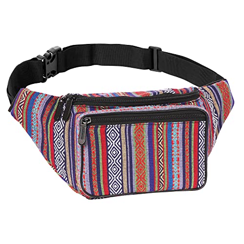 Boho Fanny Pack Belt bag - Crossbody Waist Bag for Men or Women - Hands-Free, Waterproof Large Bumbag for Hiking, Running, and Travel (Blue Vert) - color: Blue Vert v2