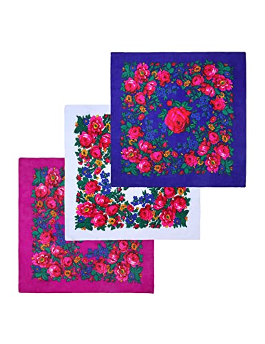 MJ SERECA Acrylic Bandana Printed Hair Scarf Square Ukrainian Head Scarf Floral Babushka Neck Scarf for Women 30"/42"/60" - color: 3 Pack-c 30"