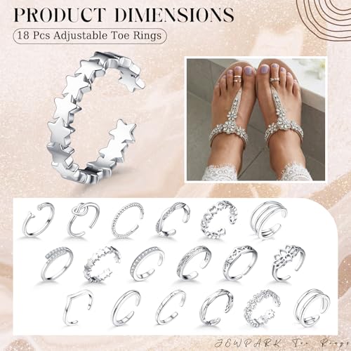 18PCS Toe Rings for Women Non Tarnish Gold/Silver Rings Open Flower CZ Band Toe Ring Set Adjustable Ring Summer Beach Foot Jewelry Gifts - color: Silver
