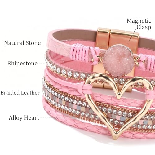 Long tiantian Leather Bracelets for Women Warp Bracelet Stackable Boho Layered Bracelet Chunky Heart Trendy Birthday Gifts for Her - color: B32:Boho Bracelets for Women Stackable(Pink)