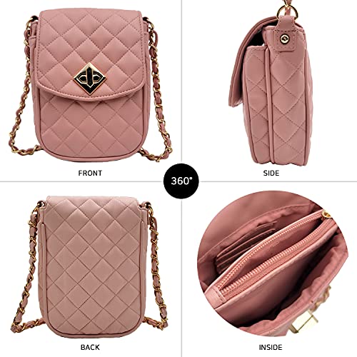 Phone Crossbody Bags for Women Small Vegan Leather Mini Shoulder Wallet Card Quilted Purse - color: B - Pink & Gold