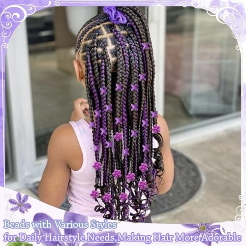 NAISKA 60Pcs Purple Flower Kids Hair Beads Tiny Hair Beads for Braids Cute Beads for Hair Small Pony Loc Beads Acrylic Dreadlock Beads Braid Clips Accessories for Girls - color: Purple