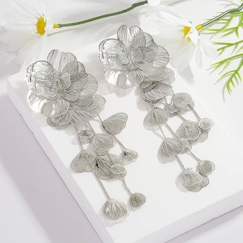 Gold Silver Filigree Floral Dangle Earrings for Women, Long Drop Statement Earrings for Vintage Wedding Jewelry - style: Silver Long Floral Earrings