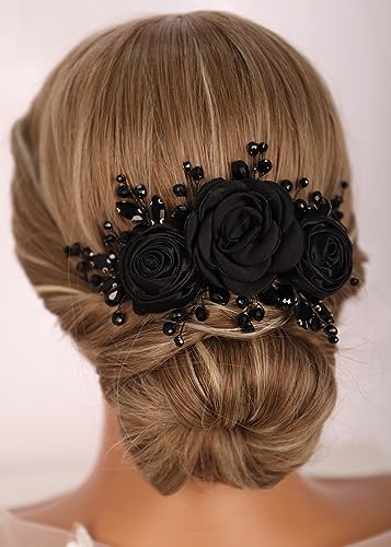 Kercisbeauty Sofe Chiffon Black Rose Flower Headband with Rhinestones Crystal Beads Women Girls Handmade Black Hair Jewelry Wedding Hair Piece