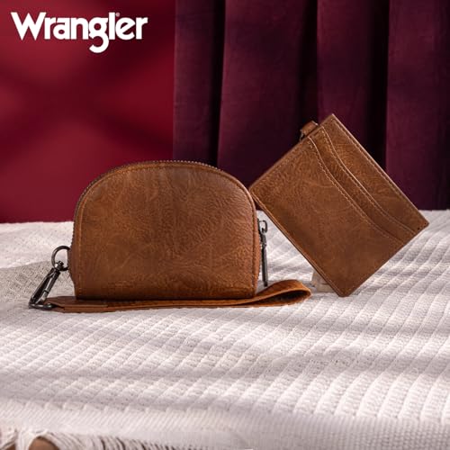 Wrangler KeyChain Wallet Wristlet Wallets for Women Dual Pouch Wristlet with Zipper Womens Credit Card Holder Wallet - color: A-Brown