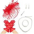 Fascinators Hat Pearl Earrings Necklace Bracelets Gloves 1920s Headband Hair Clips Women Flower Mesh Feather Headpiece Headwear Halloween Carnival Cocktail Wedding Tea Party Accessories Red - color: Red