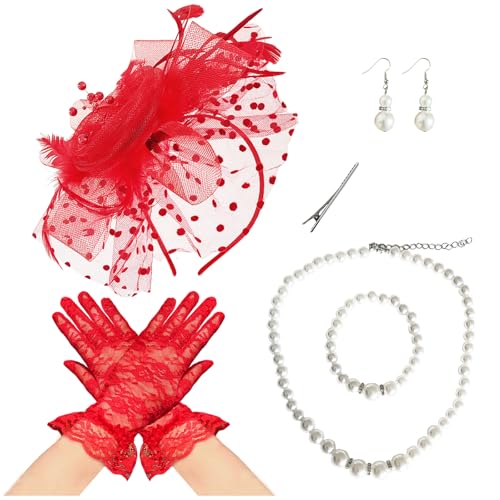 Fascinators Hat Pearl Earrings Necklace Bracelets Gloves 1920s Headband Hair Clips Women Flower Mesh Feather Headpiece Headwear Halloween Carnival Cocktail Wedding Tea Party Accessories Red - color: Red