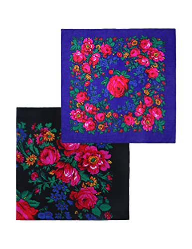 MJ SERECA Acrylic Bandana Printed Hair Scarf Square Ukrainian Head Scarf Floral Babushka Neck Scarf for Women 30"/42"/60" - color: 2 Pack-f 42"