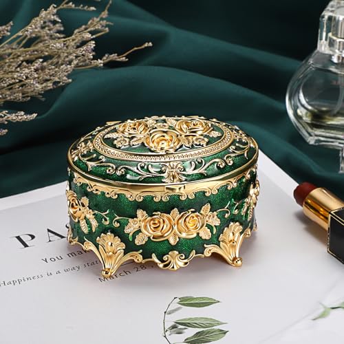 Hipiwe Vintage Jewelry Box Oval Trinket Display Case with Rose Pattern Decorative Green Treasure Box Ring Holder for Women - color: Green