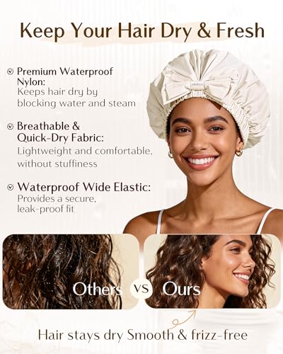 Yanibest Shower Cap Reusable Waterproof, Wide Elastic Band Bath Cap - Comfortable & Durable Bath Hair Hat for Women - color: Beige