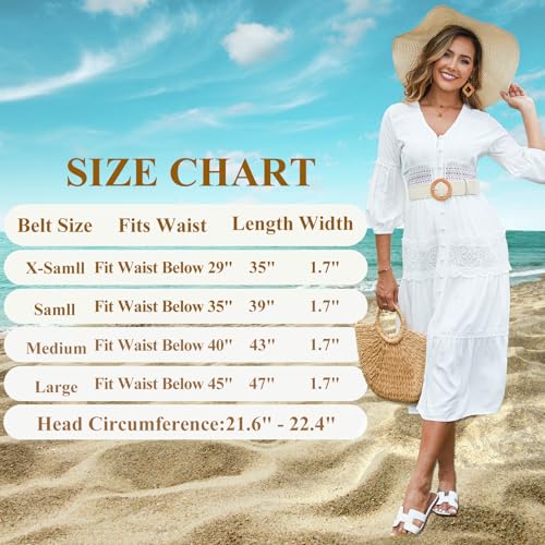 Womens Beach Sun Straw Hat with Straw Belt UV UPF 80+ Travel Foldable Brim Summer UV Hat Stretch Boho Belt for Dress - color: Beige, size: Small