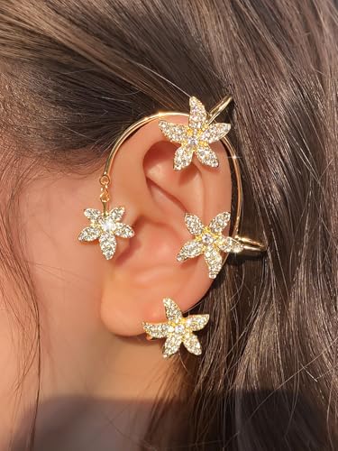 2Pcs Rhinestone Butterfly Earrings Ear Cuffs Non-Pierced Fake Earrings Butterfly Climber Wrap Around Earring Dainty Adjustable Ear Clip Jewelry for Women - color: Style11-gold
