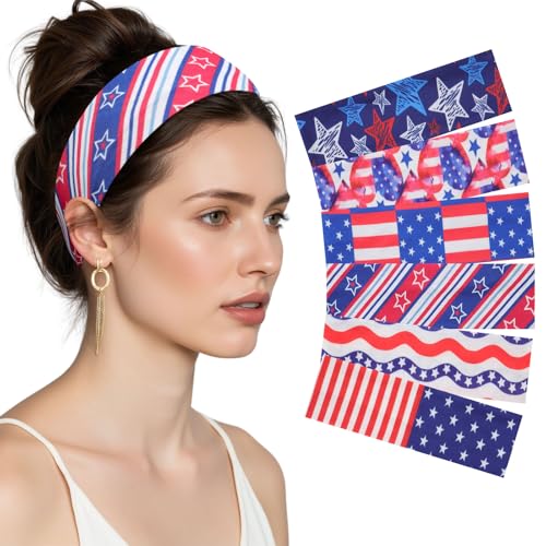 AWAYTR 6Pcs Wide Headbands for Women Non Slip Soft Elastic Hair Bands for Women's Hair for Workout Sports - color: Flag Print