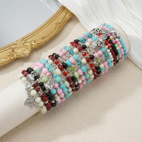 Bohemian Bracelet Sets for Women - 4-Pack Stackable Stretch Bead Bracelets with Black＆White Crystal & Gold Accessories, Multi-Layer Boho Jewelry - color: mix